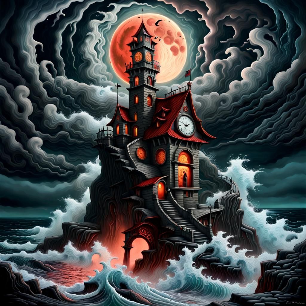 Sinister Clock Tower Under Blood Moon: Fantasy Airbrush Art