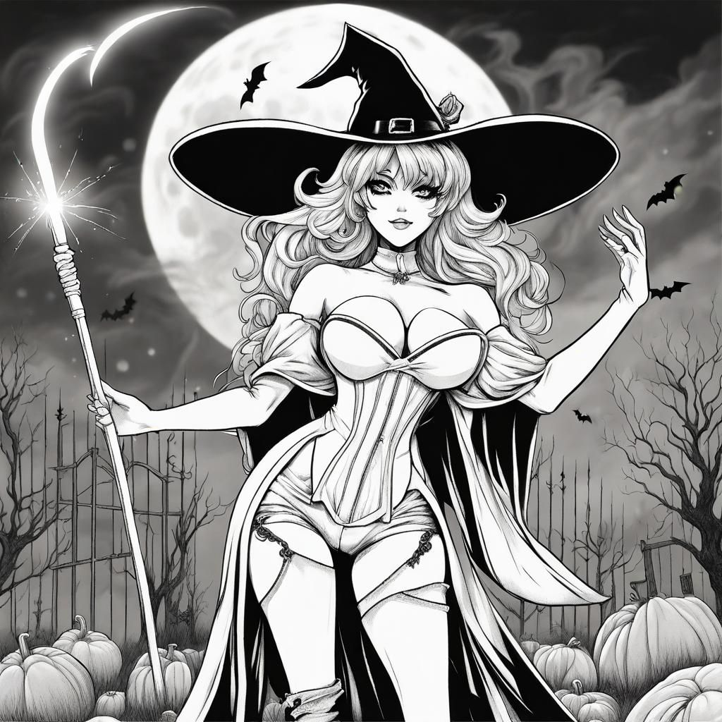 Anime Halloween Witch in Graveyard, Line Drawing