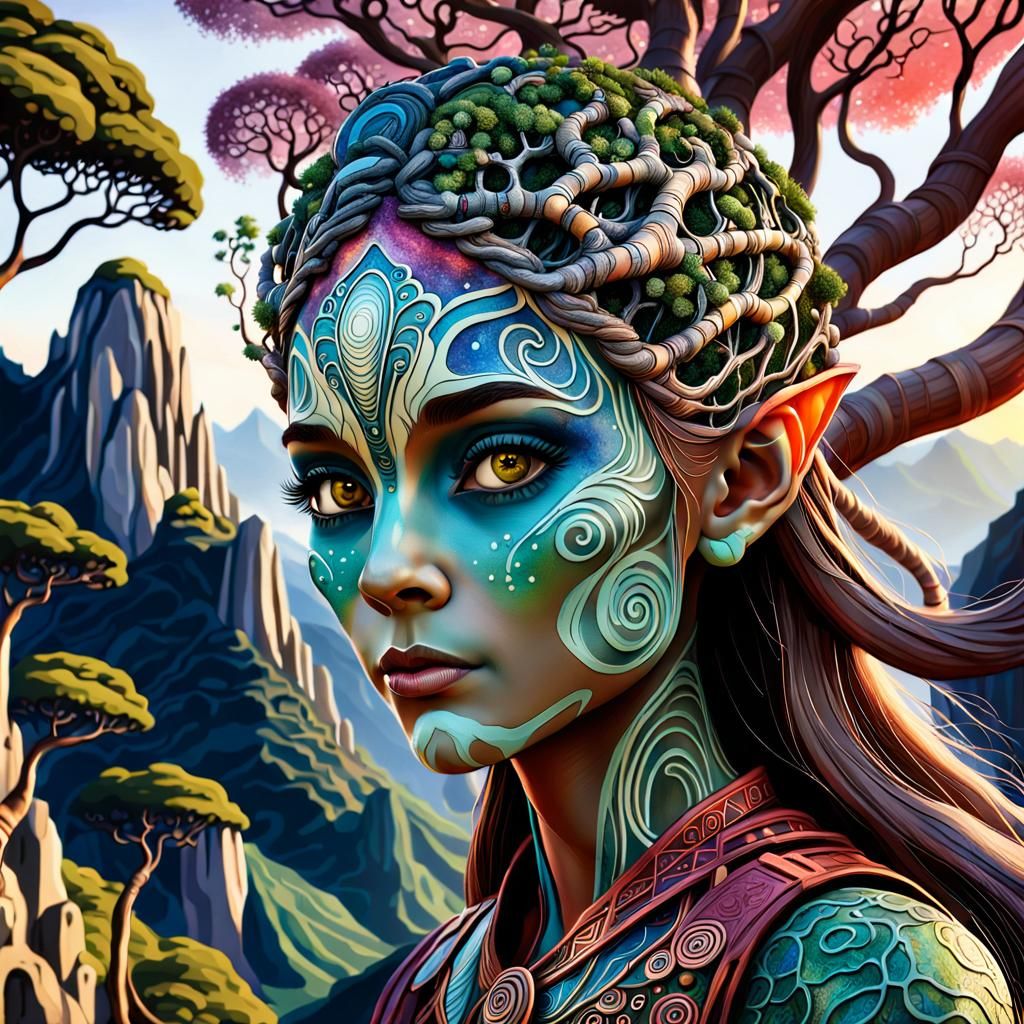 Detailed Elf Portrait in Futuristic Botanical Landscape