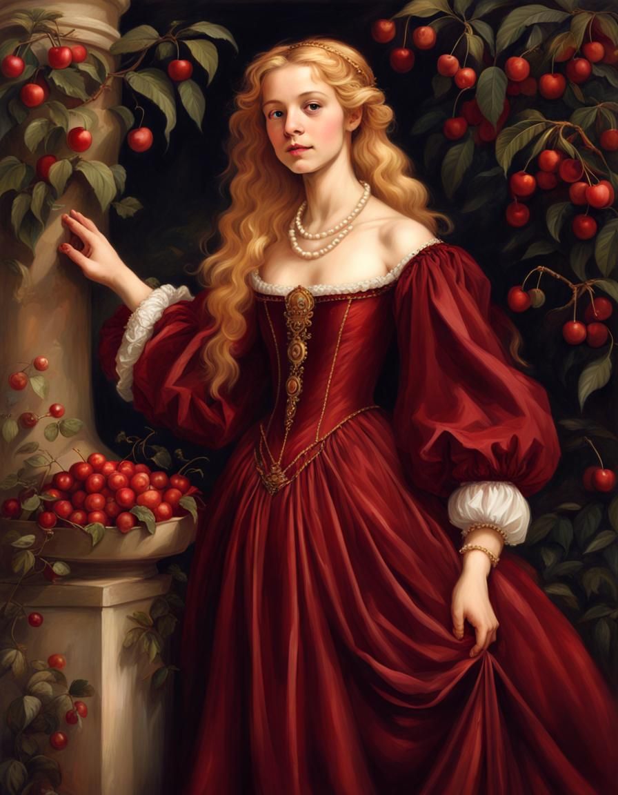 Renaissance Girl in Red Gown in Cherry Garden