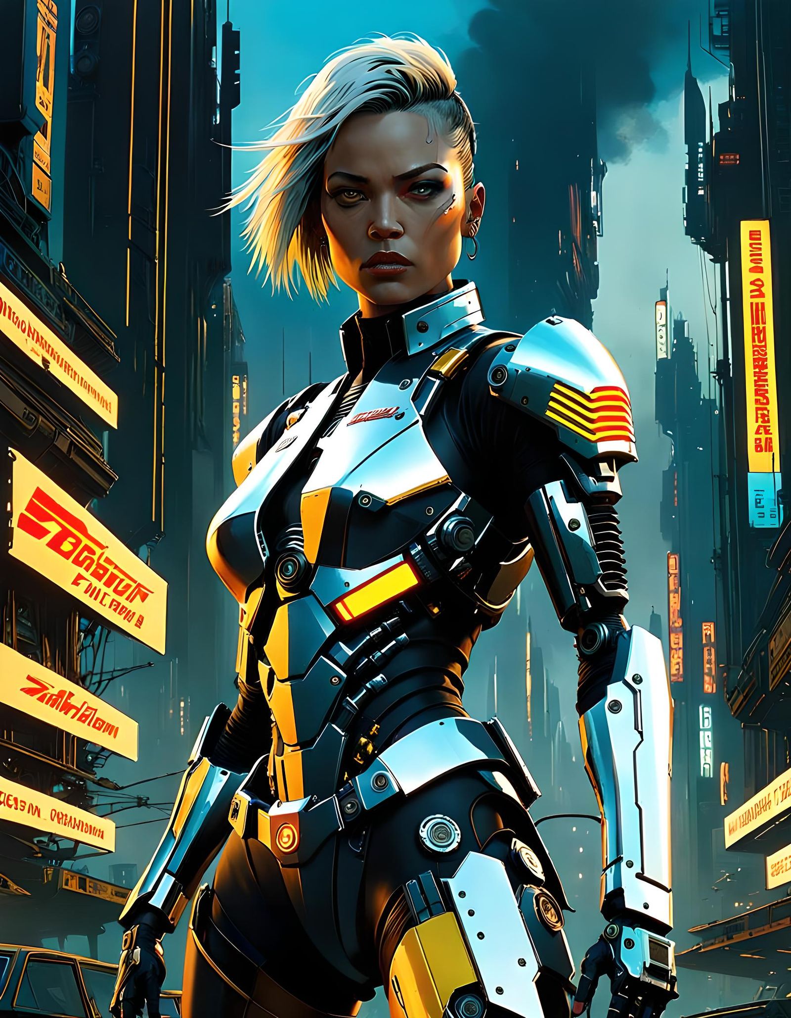 Cyberpunk Cyborg in Burning City, Gritty Art Style