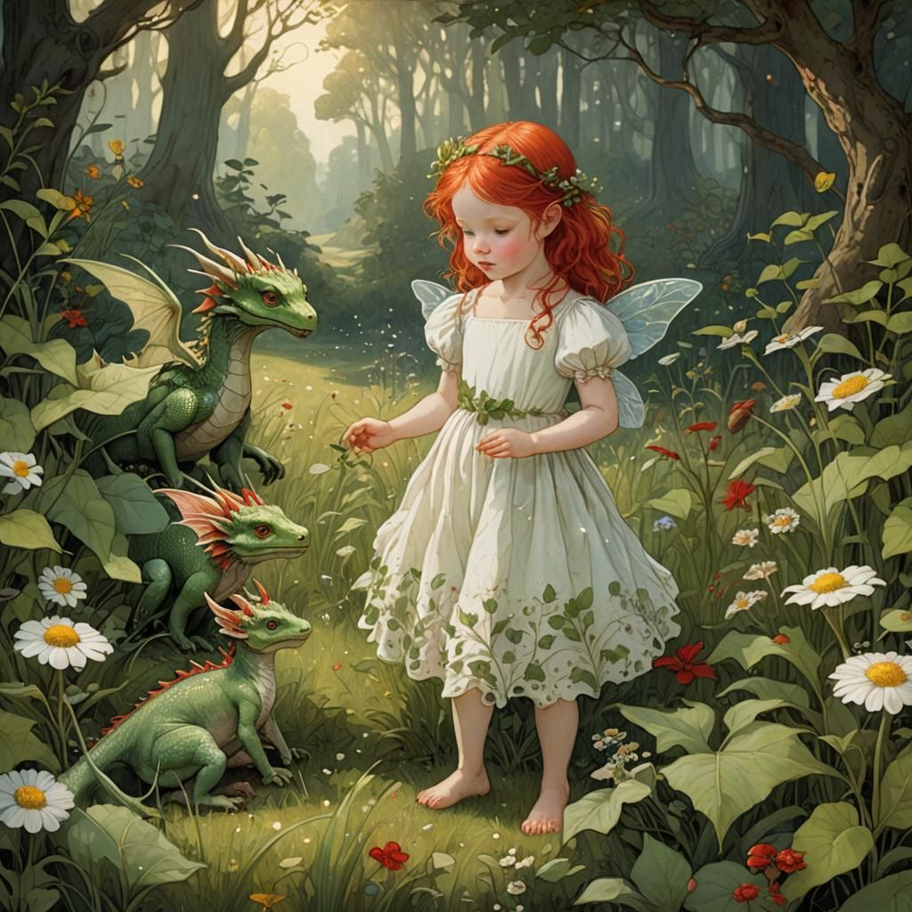 Toddler Fairy Meets Baby Dragon in Floral Meadow