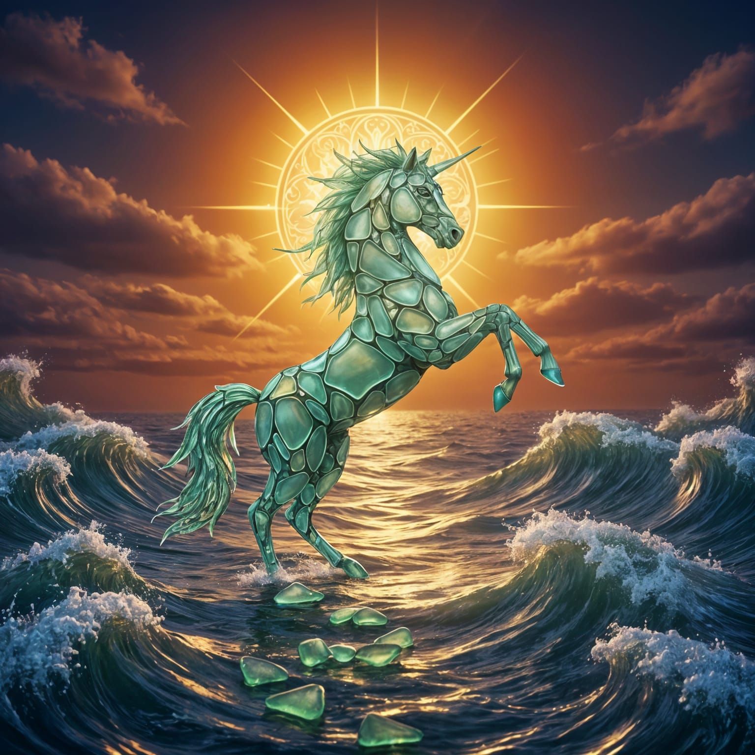 Glowing Sea Glass Pony Rears from Ocean at Sunset