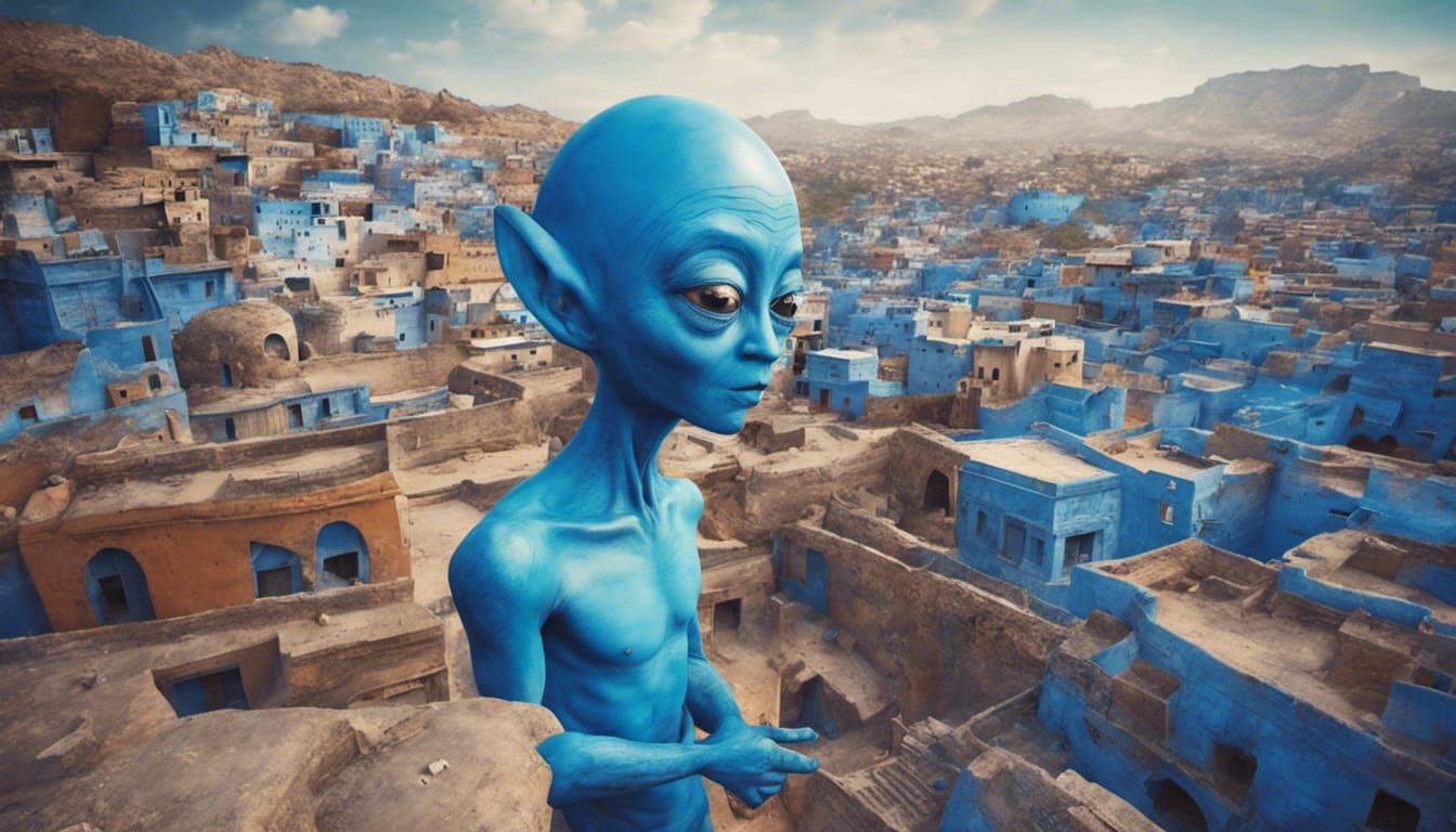 Blue Alien Floats Over Blue City: Magic Realism