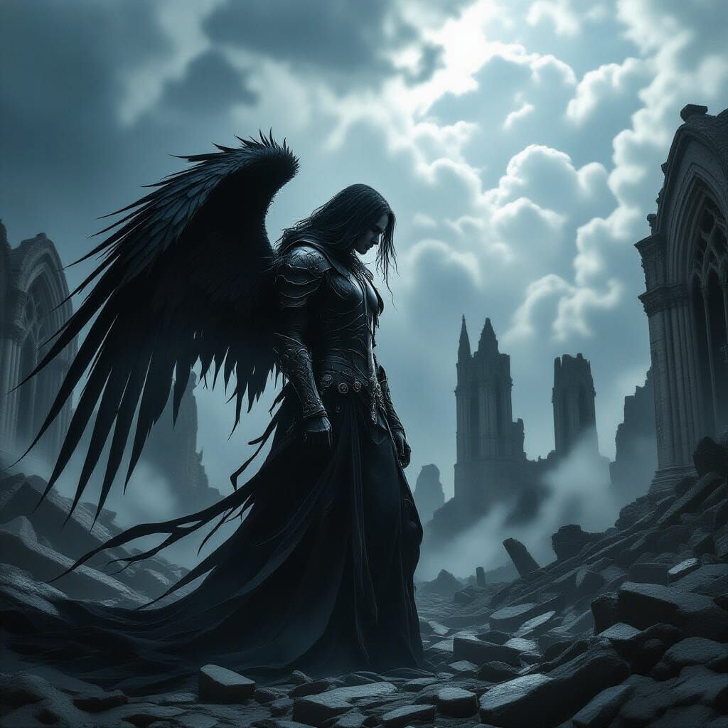Fallen Angel in Ruins: Dark Fantasy Art