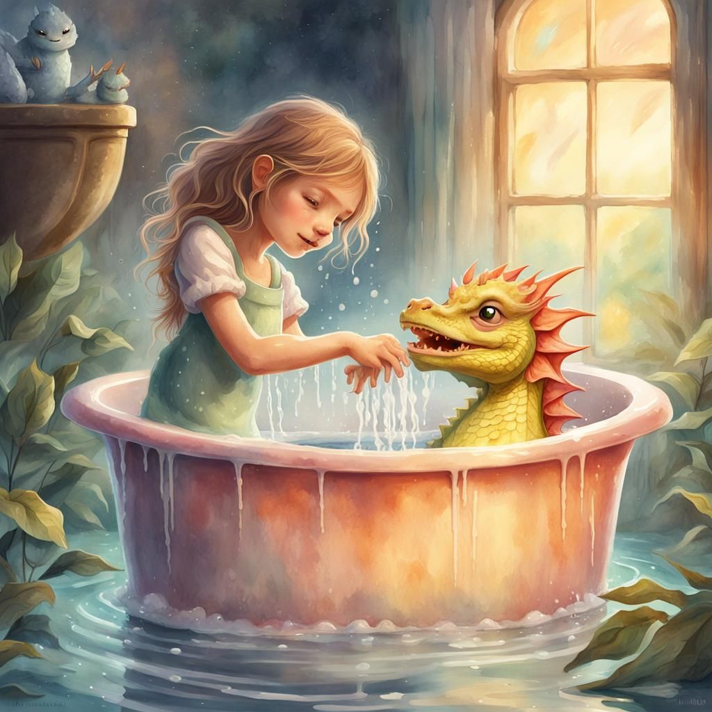 Girl Bathes Dragon in Dreamy Watercolor Style