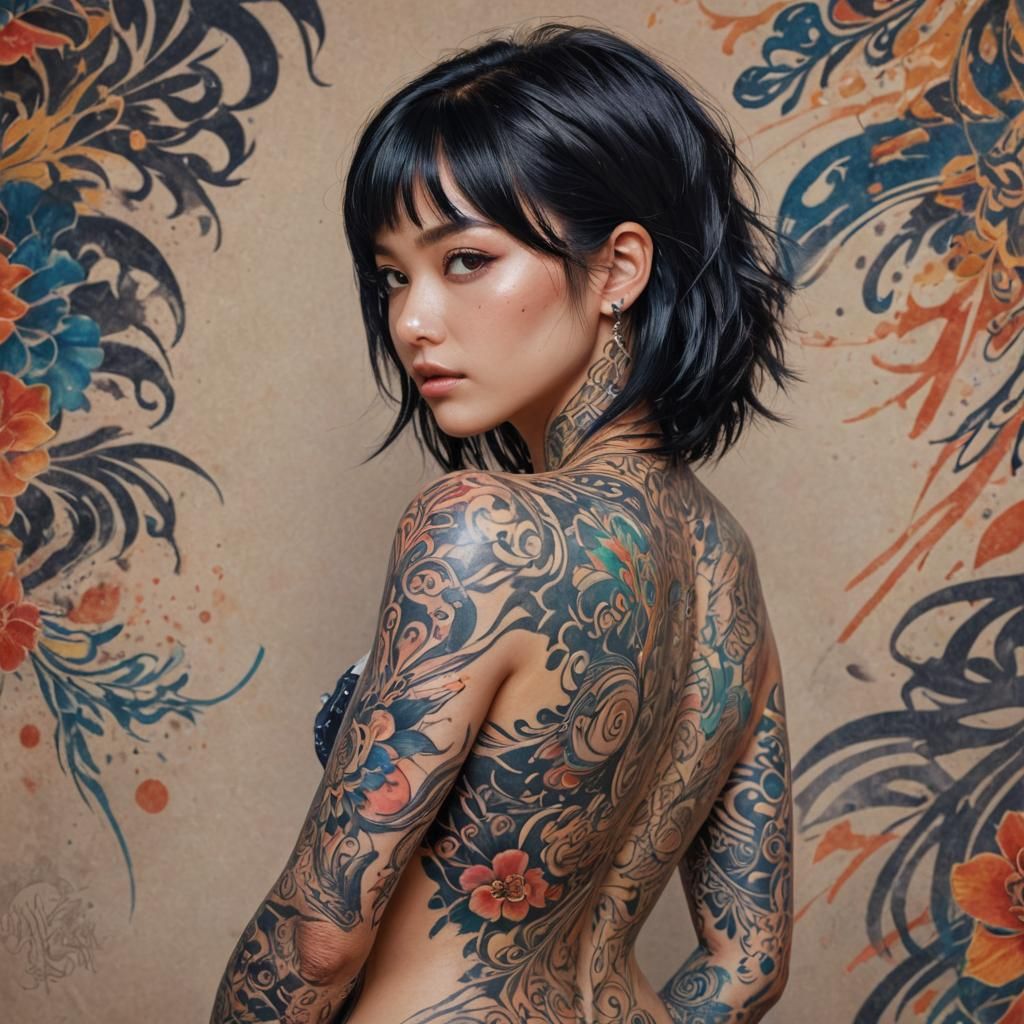 Radiant Tattooed Woman in Vibrant Mixed Media Style