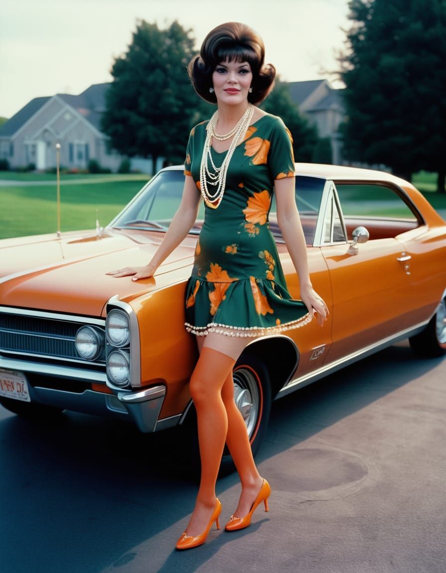 Retro Beauty Posing with Classic Muscle Car in Vintage Glamo...