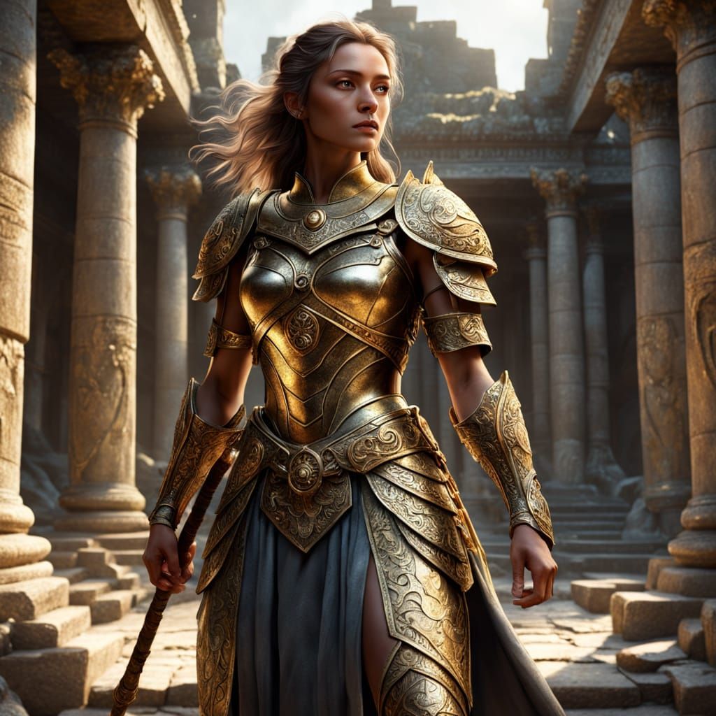 Renaissance Warrior in Ancient Temple, Photorealistic Art