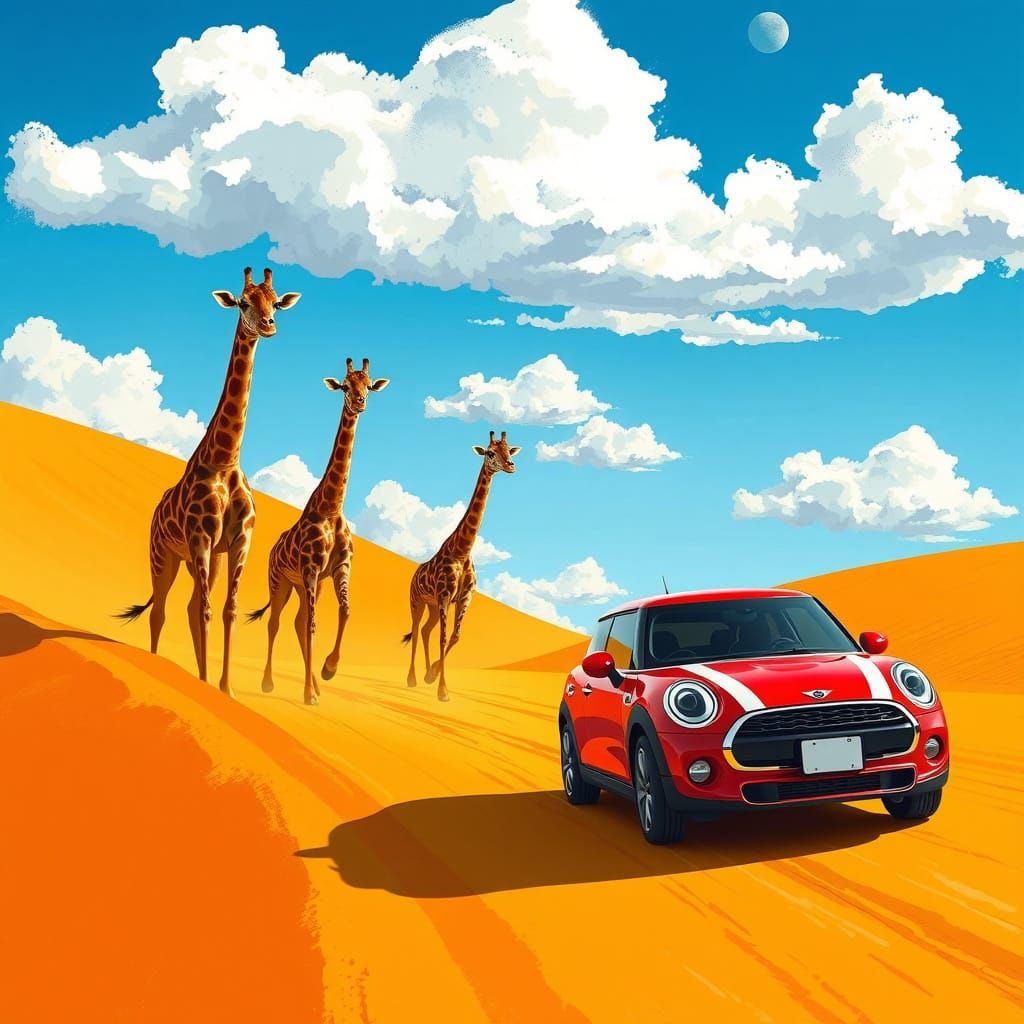 Vibrant Desert Adventure with Mini Cooper and Giraffes in St...