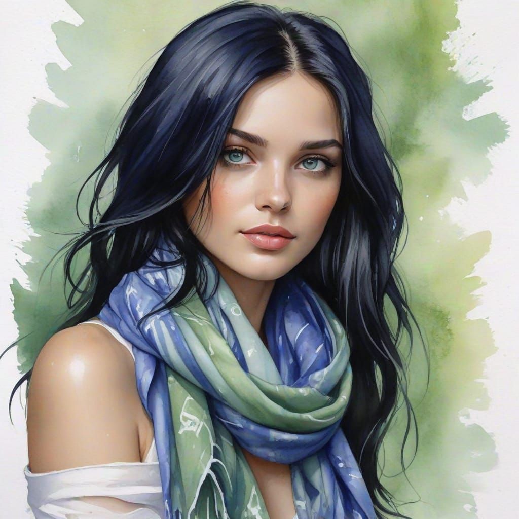 Woman in Watercolor Tie-Dye Scarf Portrait