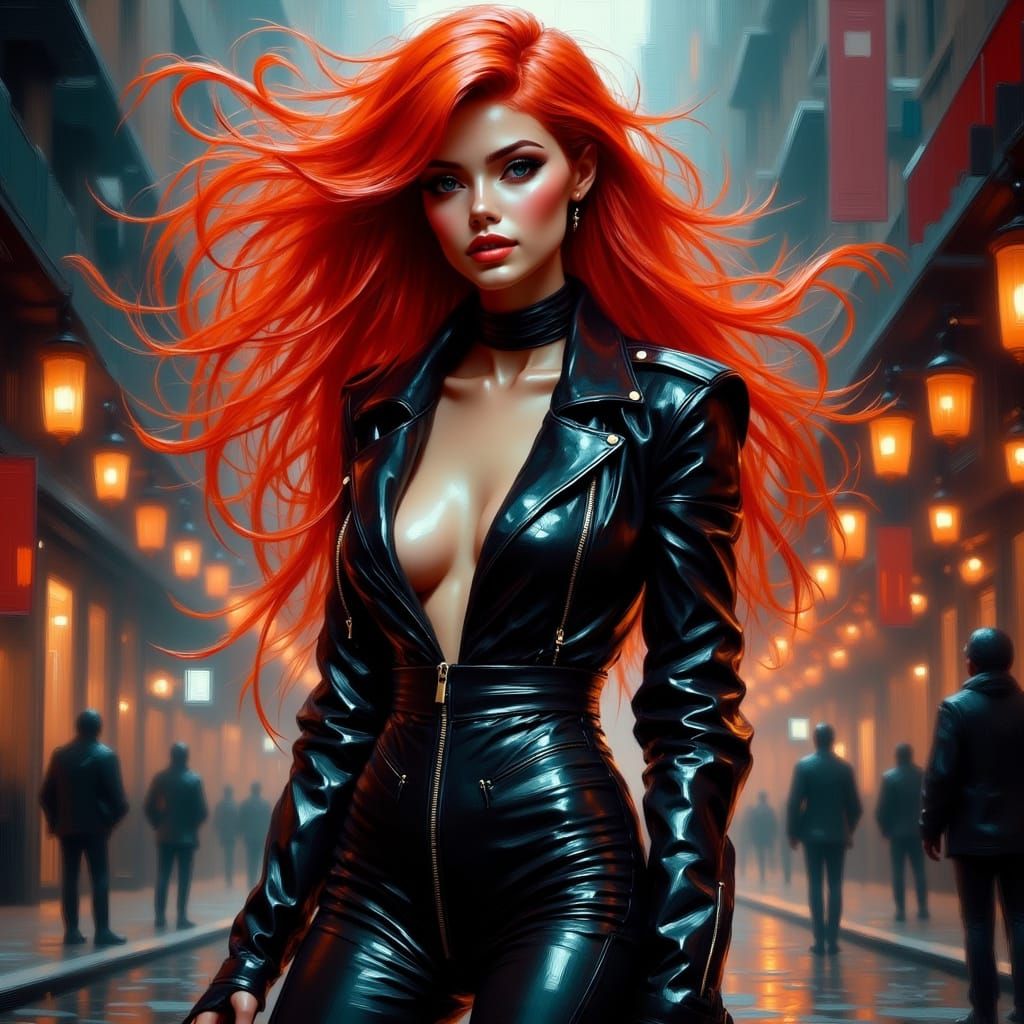Cyberpunk Female Assassin in Fiery Red Hair
