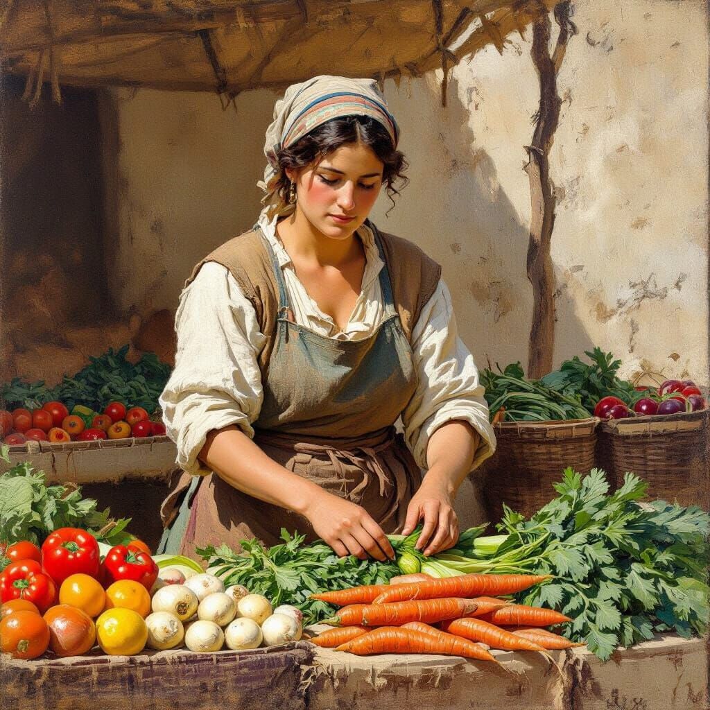 Roman Peasant Woman Arranging Vegetables at Lively Market
