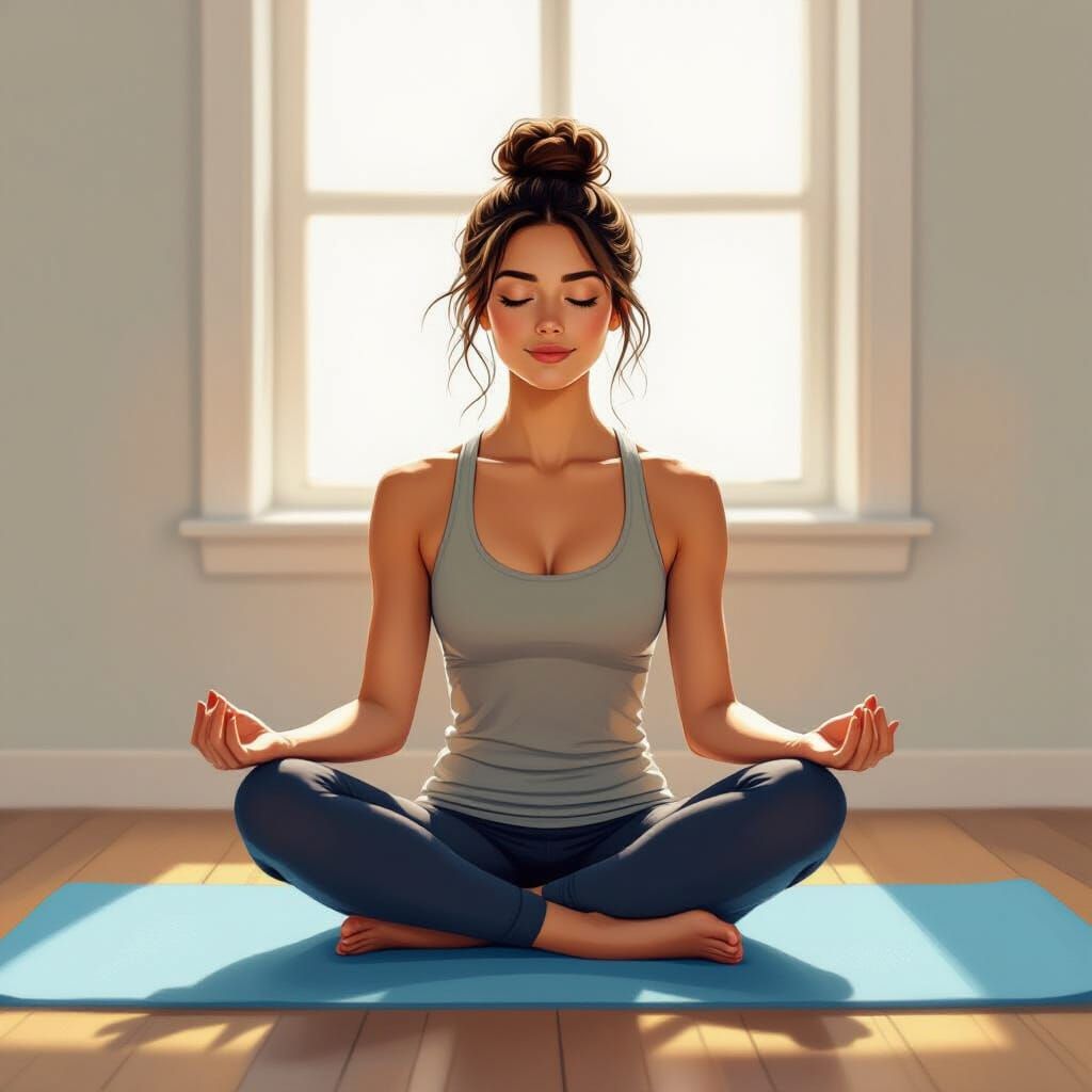 Woman Meditating on Blue Mat in Minimalist Room