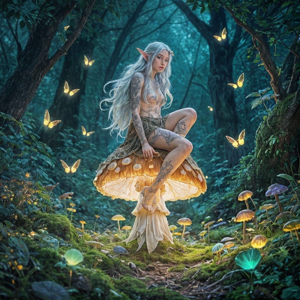 Ethereal Elf on Luminous Mushroom in Enchanted Forest