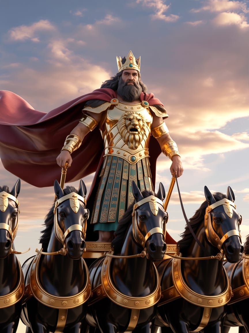Majestic Persian King on Chariot in Golden Armor