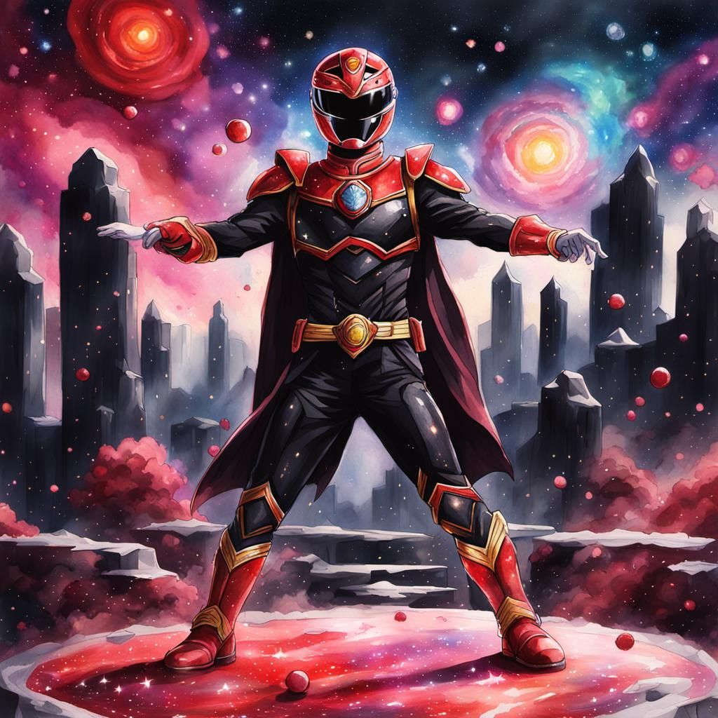 Crimson Power Ranger in Galactic Nebula, Watercolor