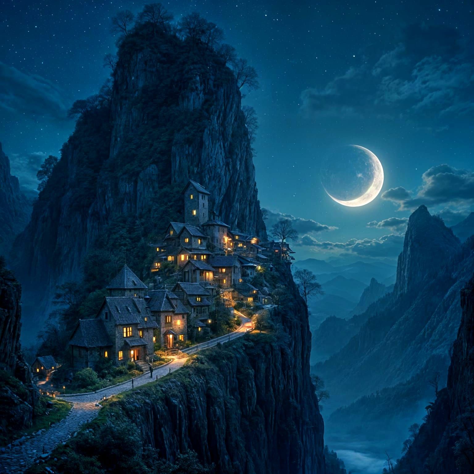 Whimsical Mountain Village Under Starry Skies