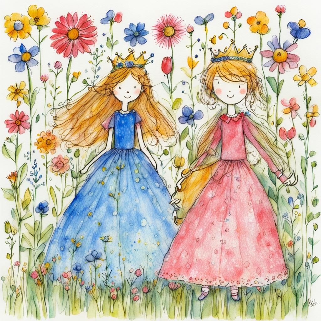 Colorful Doodle of Princesses with Flowers