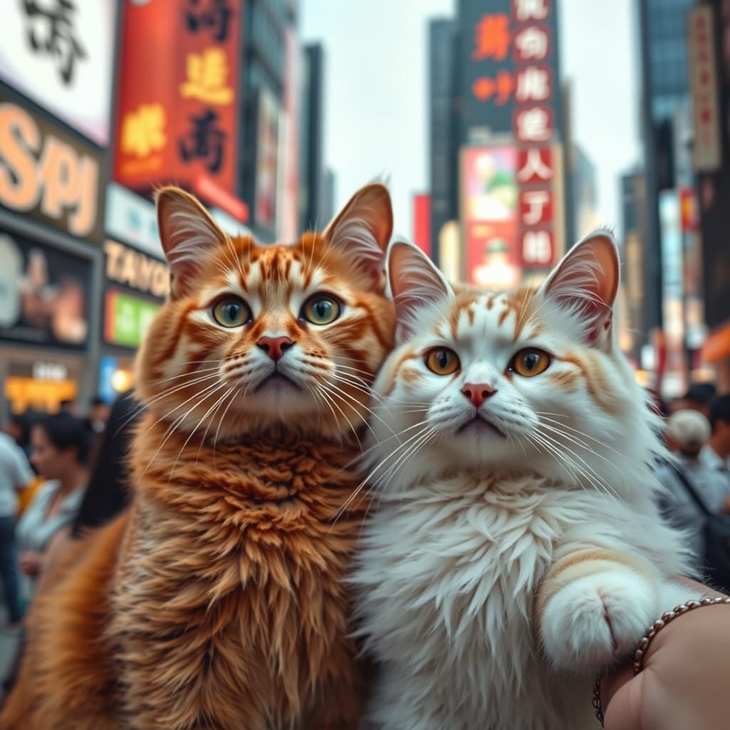 Cats Take Selfie in Shibuya: Art Nouveau Style
