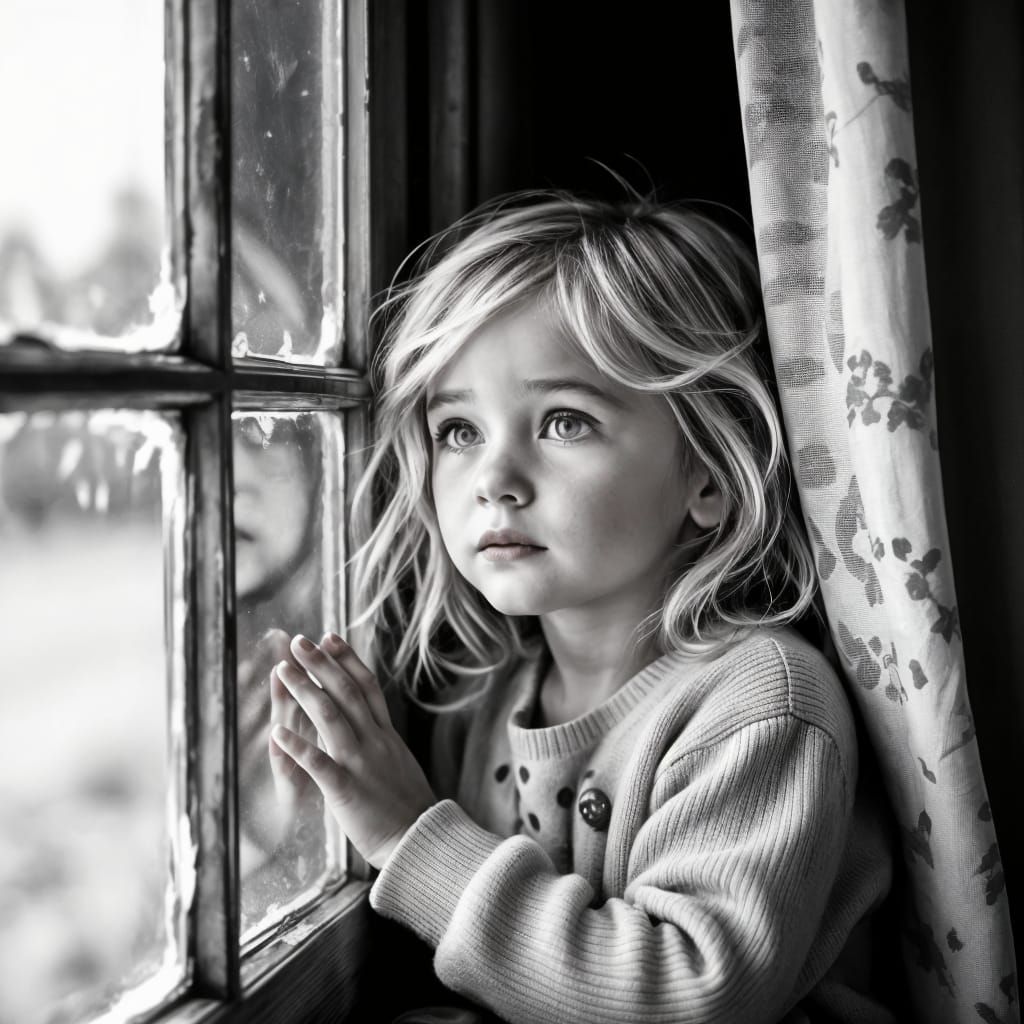 Emotional Black and White Portrait Through Old Window