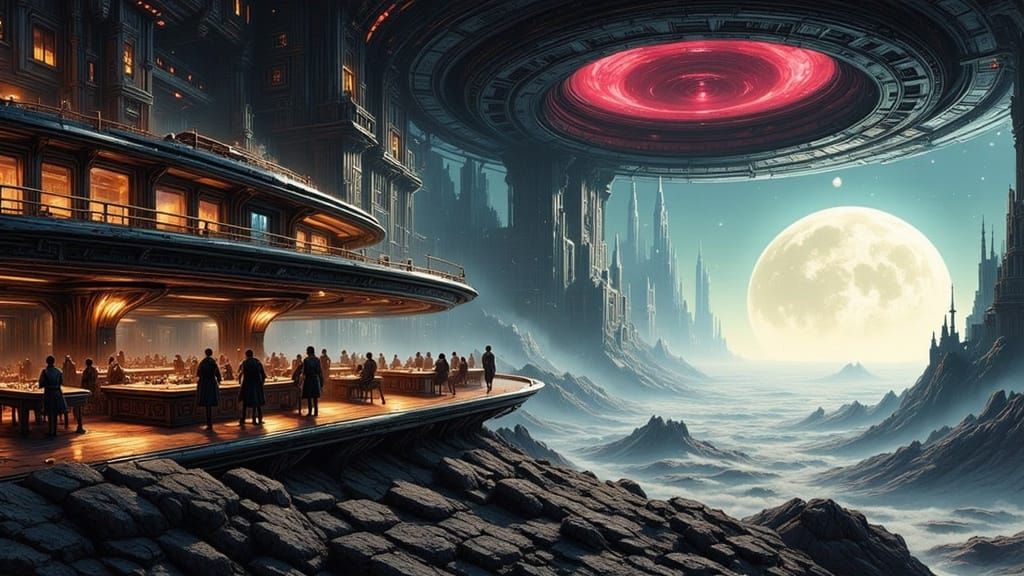 Cosmic Restaurant on Asteroid Under White Dwarf Star