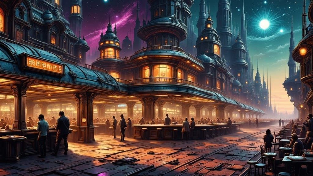 Retro-Futuristic Asteroid Restaurant with Cosmic Views