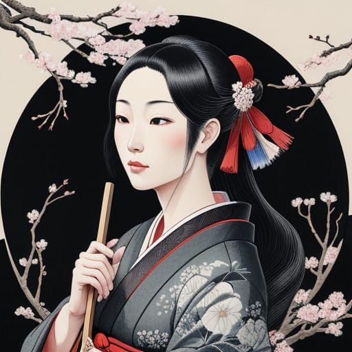 Serene Samurai Maiden in Cherry Blossom Haven
