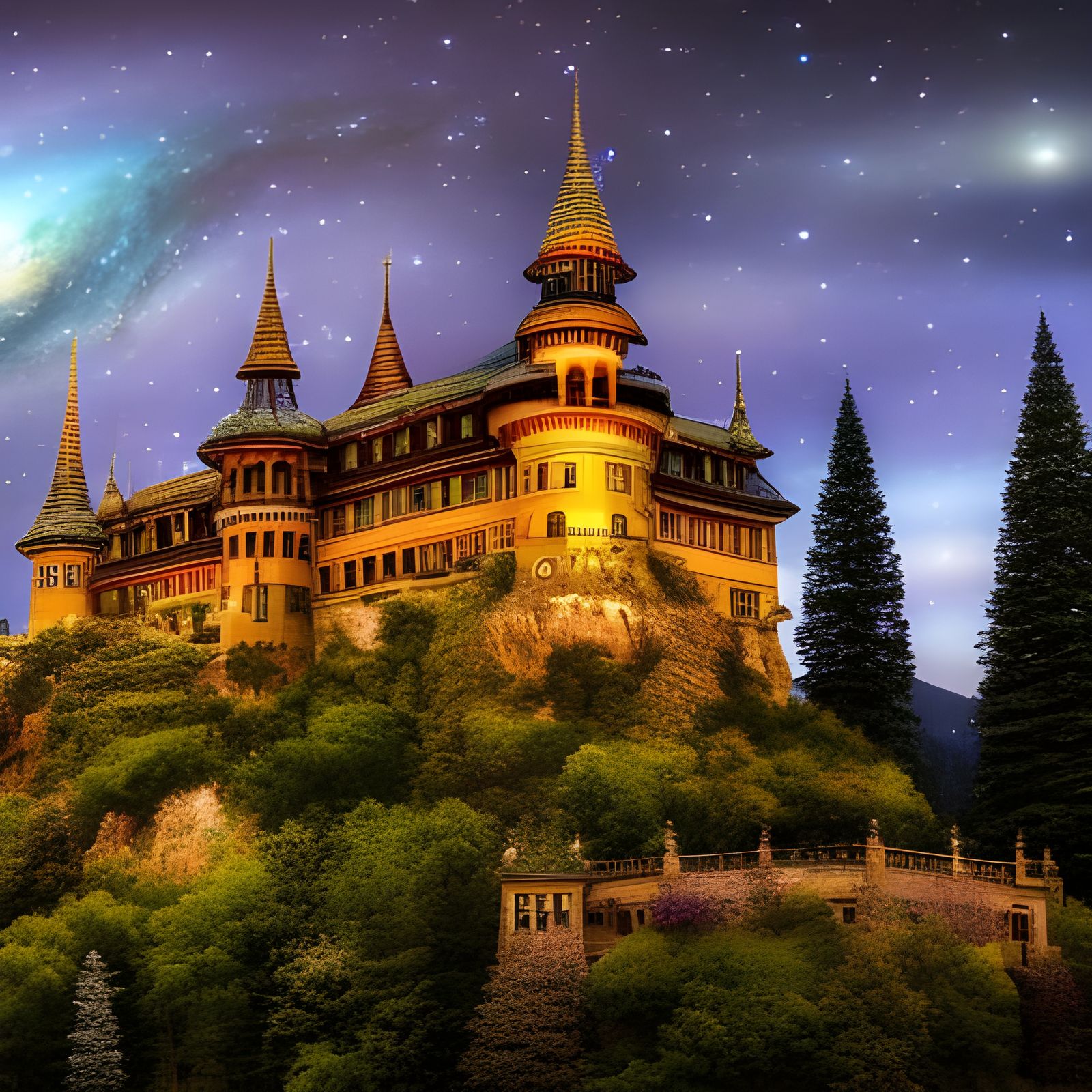 Detailed Castle Under Milky Way: Ethereal Fantasy Painting