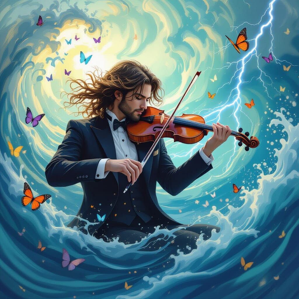 Ethereal Violinist: Waves, Butterflies, Lightning