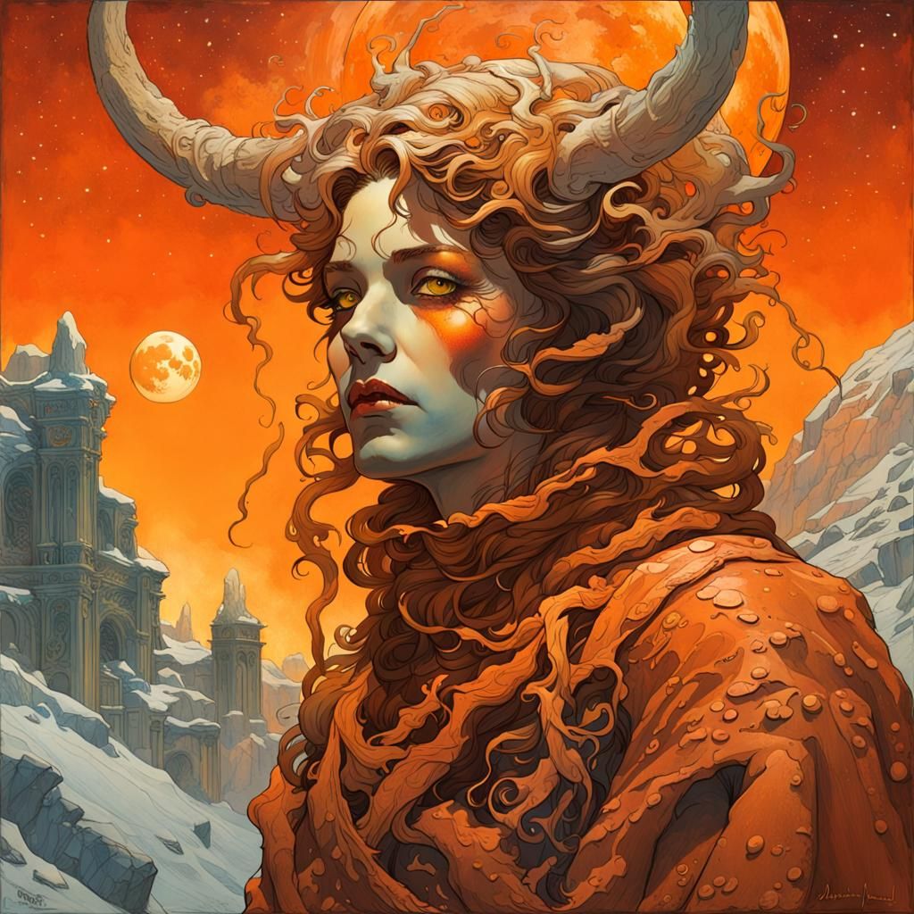 (Female Satan:1.5)trapped
In space (frost:1.2) 
Alphonse Mucha,
Bernie Wrightson; James Gurney,
October rust+sunrise Ora...