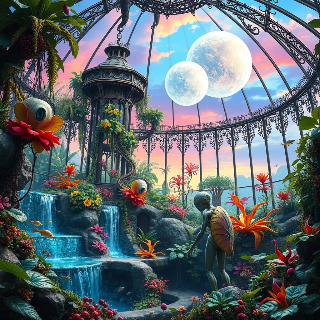Enchanted Glasshouse Ecosystem in Cyberpunk Style