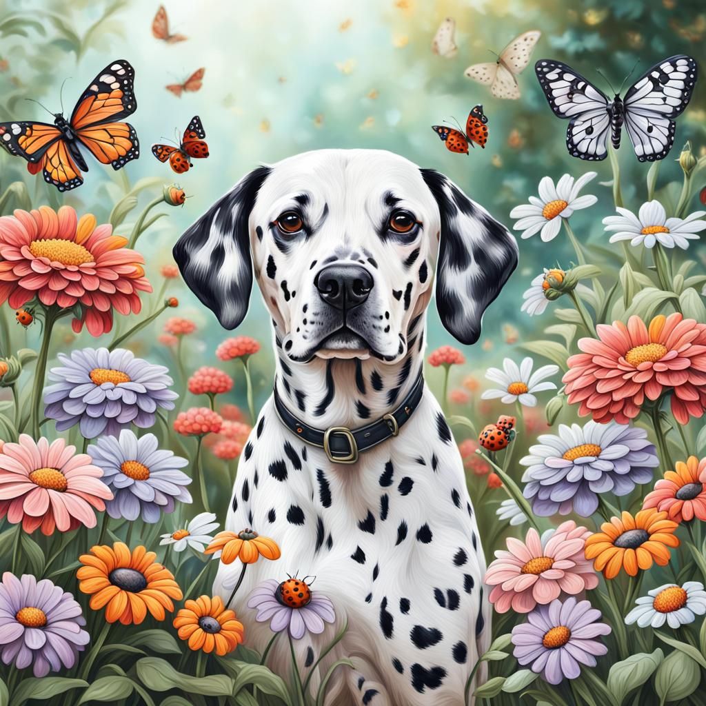 Charming Garden Scene with Dalmatian in Pastel