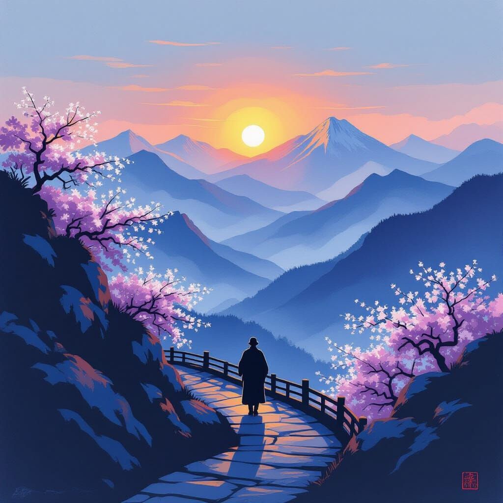 Pilgrim Silhouette on Mountain Path as Woodblock Print