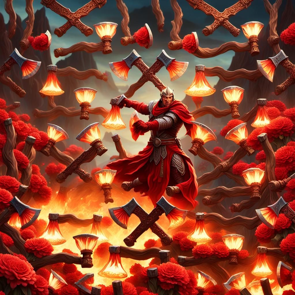 Warrior with Fiery Axe in Flower Field
