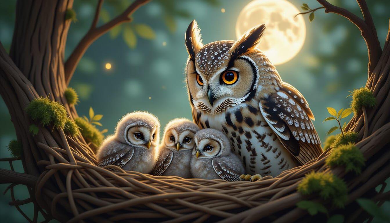 Whimsical Owl Tends Baby Owls in Moonlit Nest
