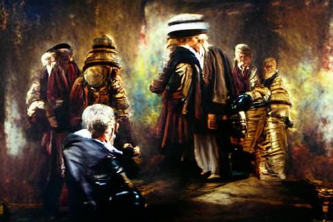 Fugitive Doctor Confronts Ambassadors: Detailed Oil Painting