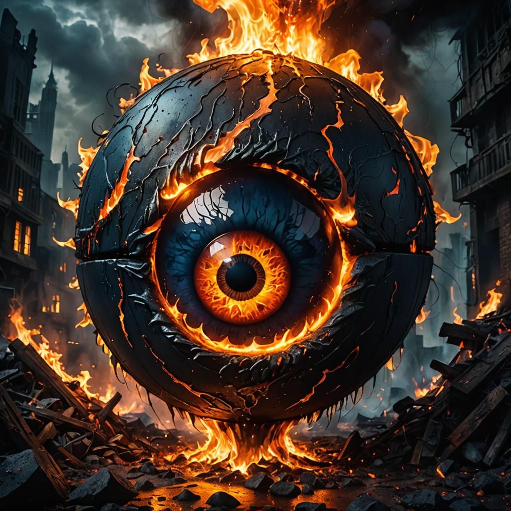 Burning Eye Orb in Apocalyptic Dark Fantasy Art