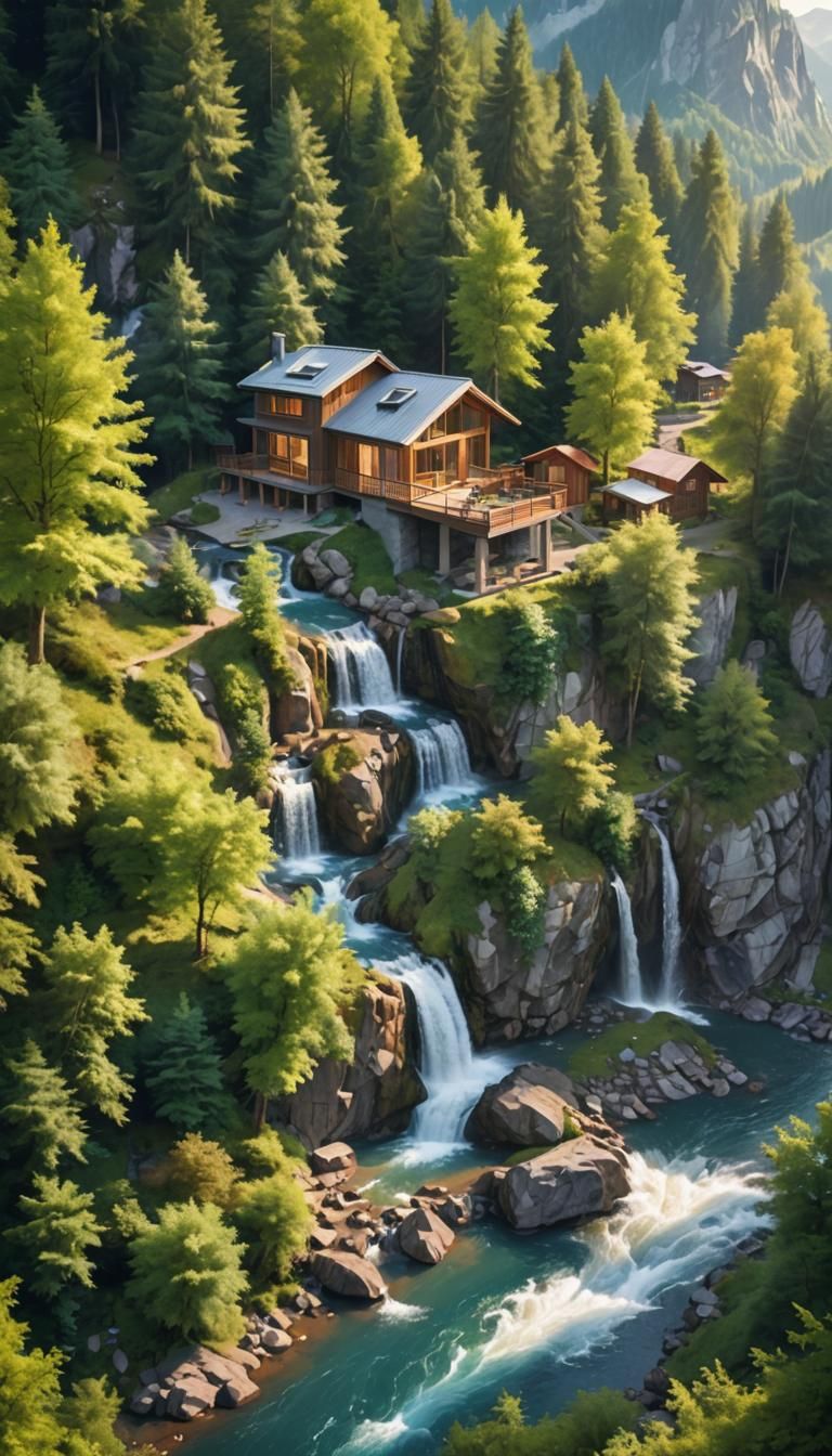 Modern House by Waterfall in Forest