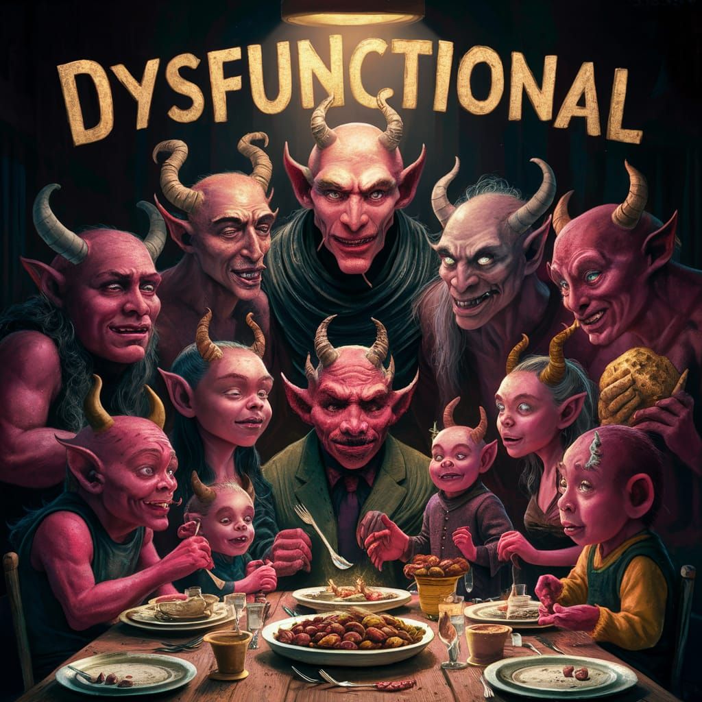 Comical Demon Family Illustration with 'DysFUNCTIONAL' Text