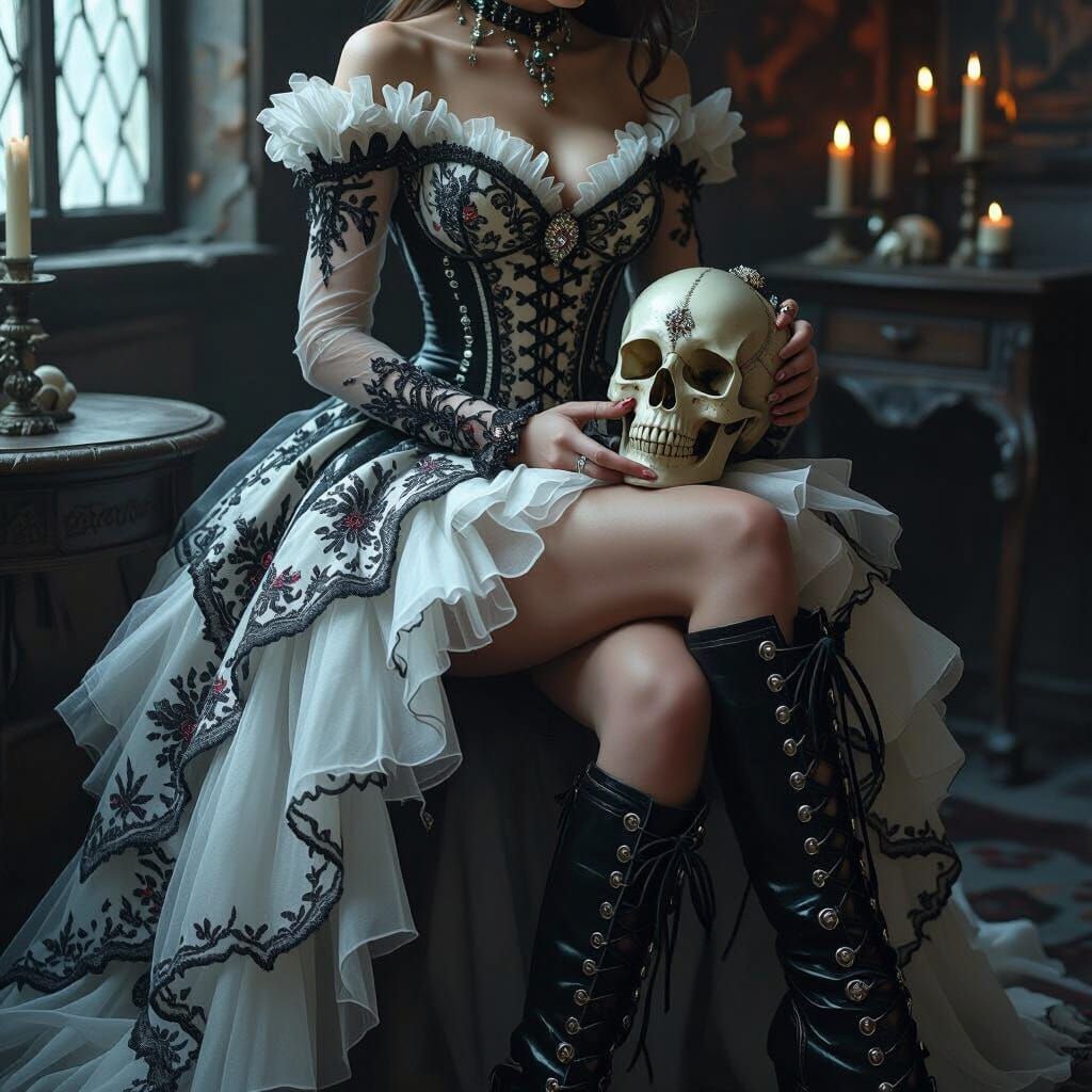 Gothic Woman with Skull in Dark Candlelit Room