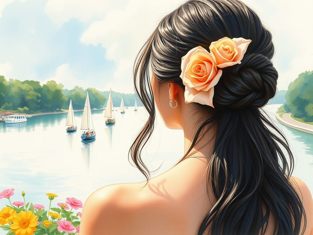 Watercolor Painting of Woman Gazing at River Scene