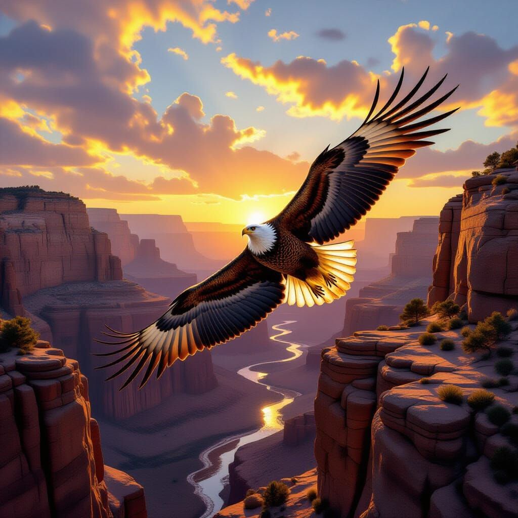 Majestic Eagle Soars Over Ancient Canyon at Sunset