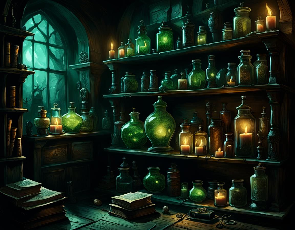 Mysterious Apothecary Lair in Dark Fantasy Style