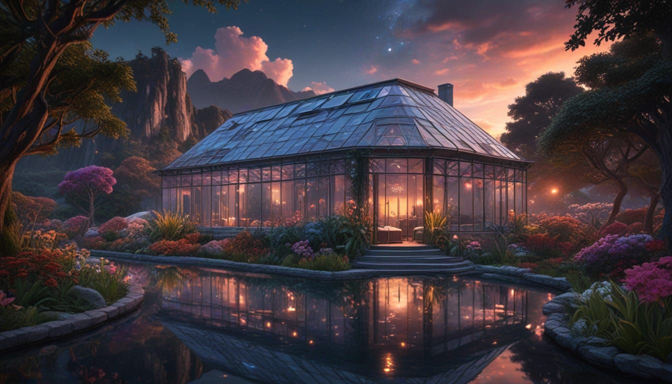 Cosmic Conservatory with Waterfall in Astral Illustration