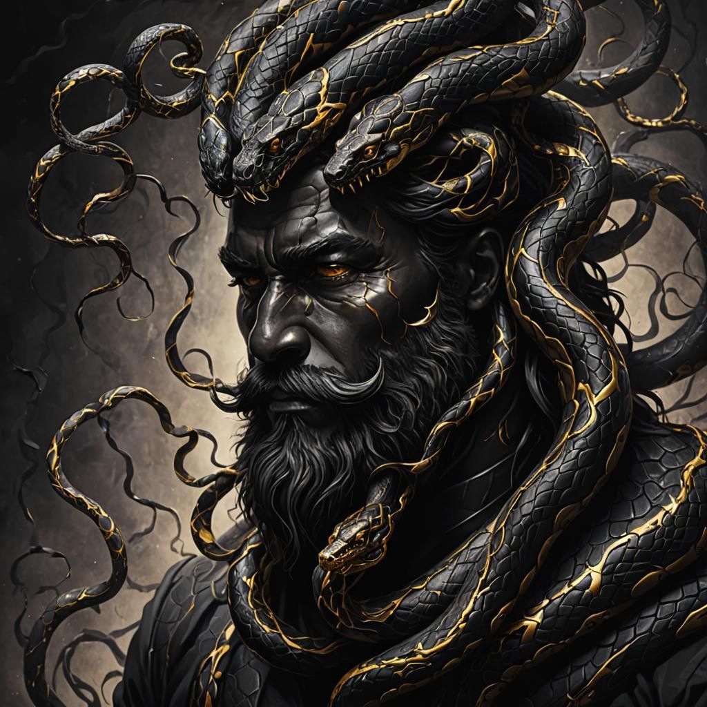 Surreal Demon Portrait with Snake Beard