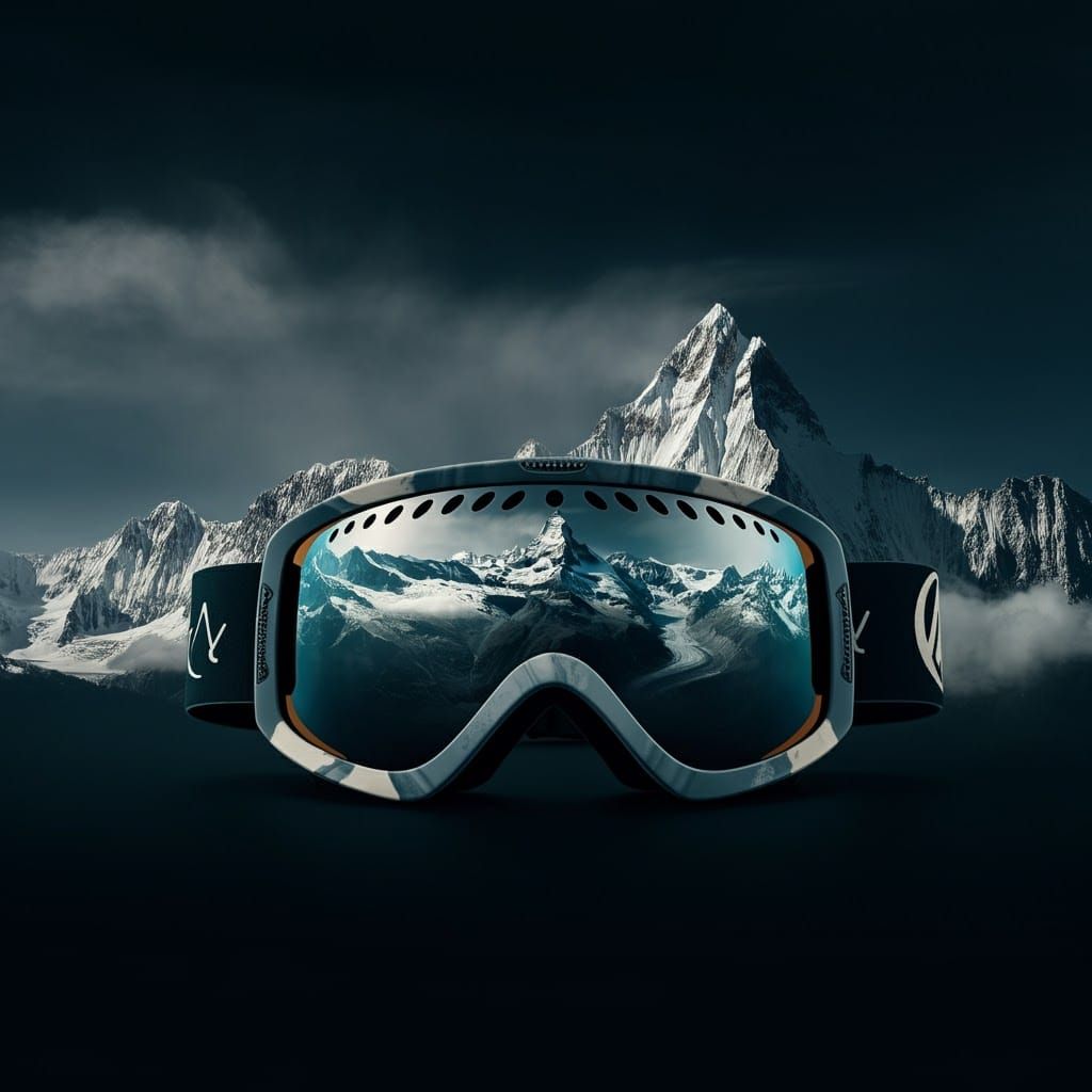 Snowboarding Goggles Reflecting Misty Mountain Peaks
