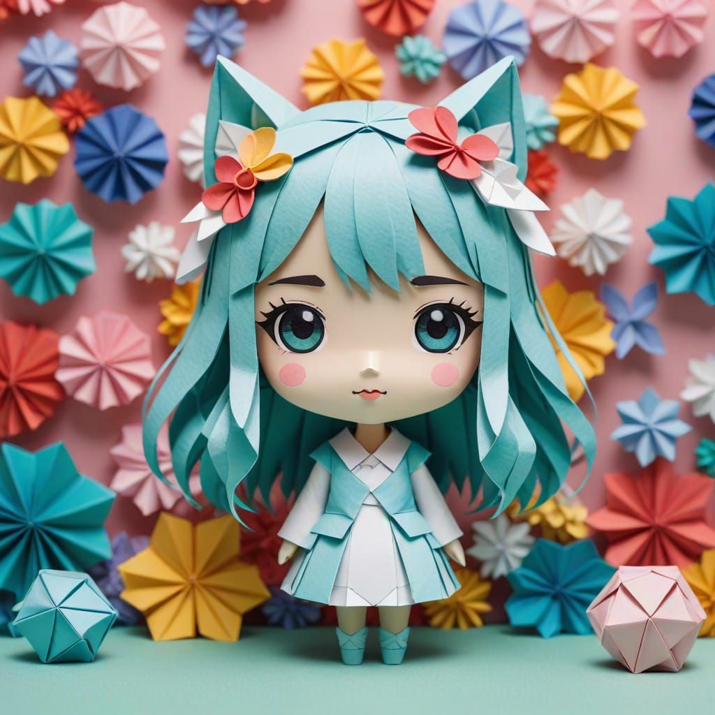Chibi anime girl made of paper origami, in a pastel-colored,...