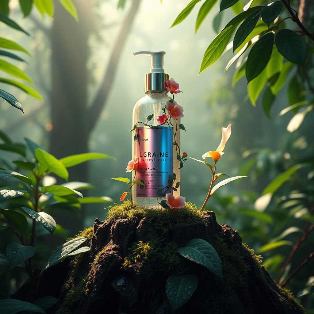 Skincare Bottle in Tropical Rainforest: Matte Painting