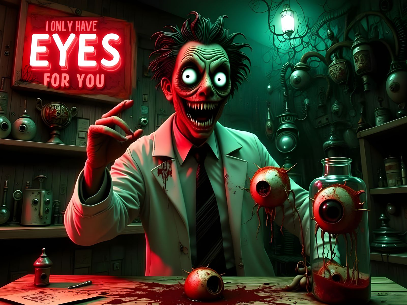 Mad Scientist's Bleeding Eyes in Dark Comic Style
